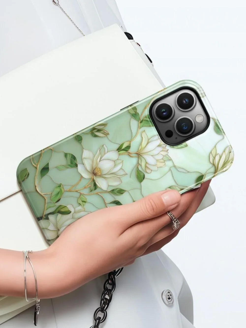 Elegant Green Floral Stained Glass iPhone 15 Pro Case, Slim & Shockproof